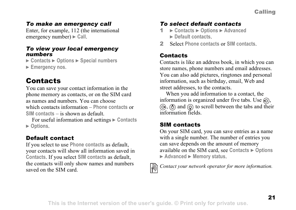 21 contacts, Contacts | Sony Ericsson D750i User Manual | Page 21 / 101