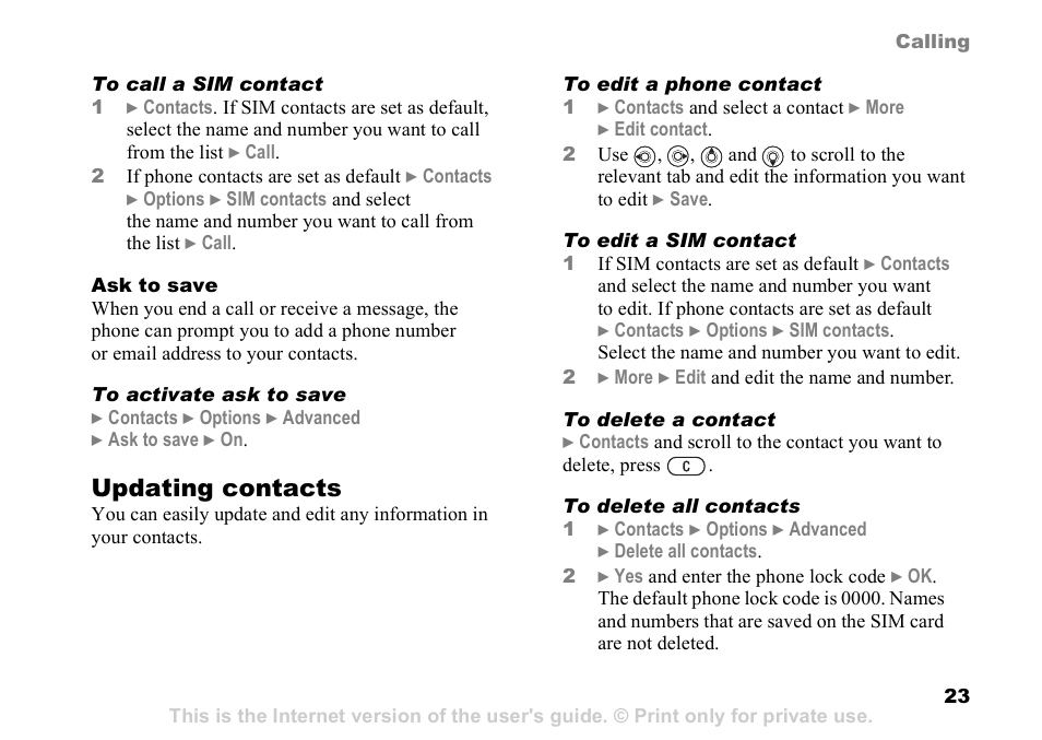 Updating contacts | Sony Ericsson D750i User Manual | Page 23 / 101