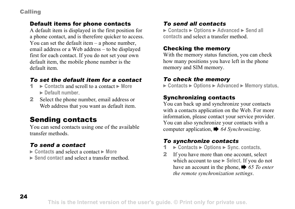 Sending contacts | Sony Ericsson D750i User Manual | Page 24 / 101