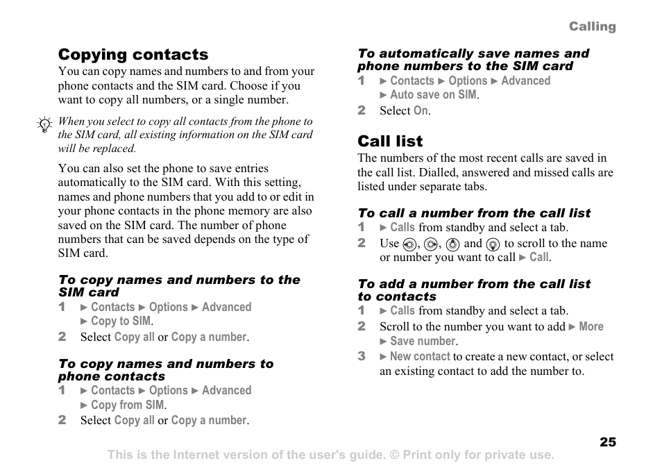 25 call list, Copying contacts, Call list | Sony Ericsson D750i User Manual | Page 25 / 101