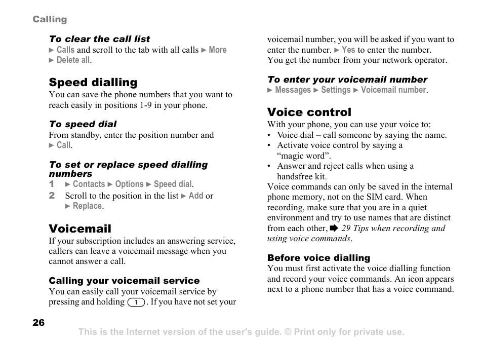 26 voice control, Speed dialling, Voicemail | Voice control | Sony Ericsson D750i User Manual | Page 26 / 101