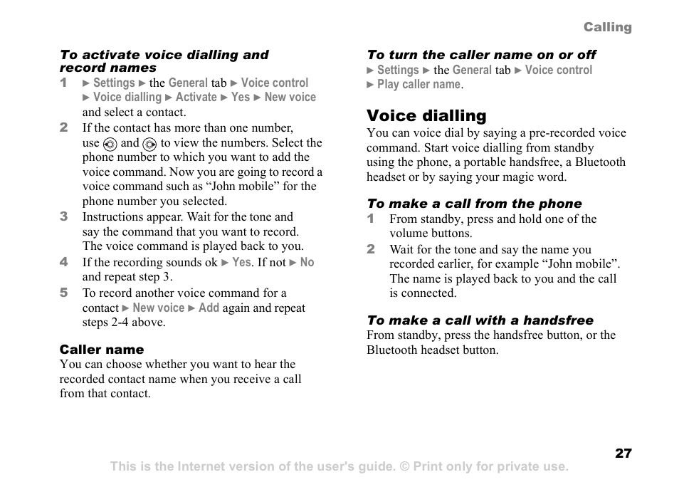 Voice dialling | Sony Ericsson D750i User Manual | Page 27 / 101