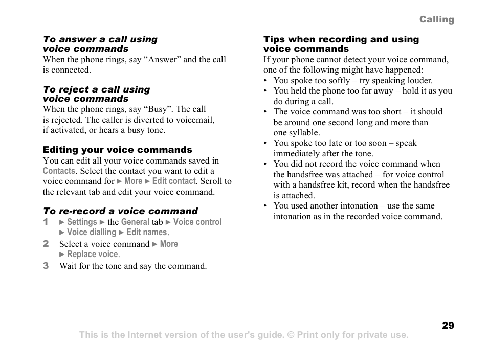 29 tips when recording and, Using voice commands | Sony Ericsson D750i User Manual | Page 29 / 101