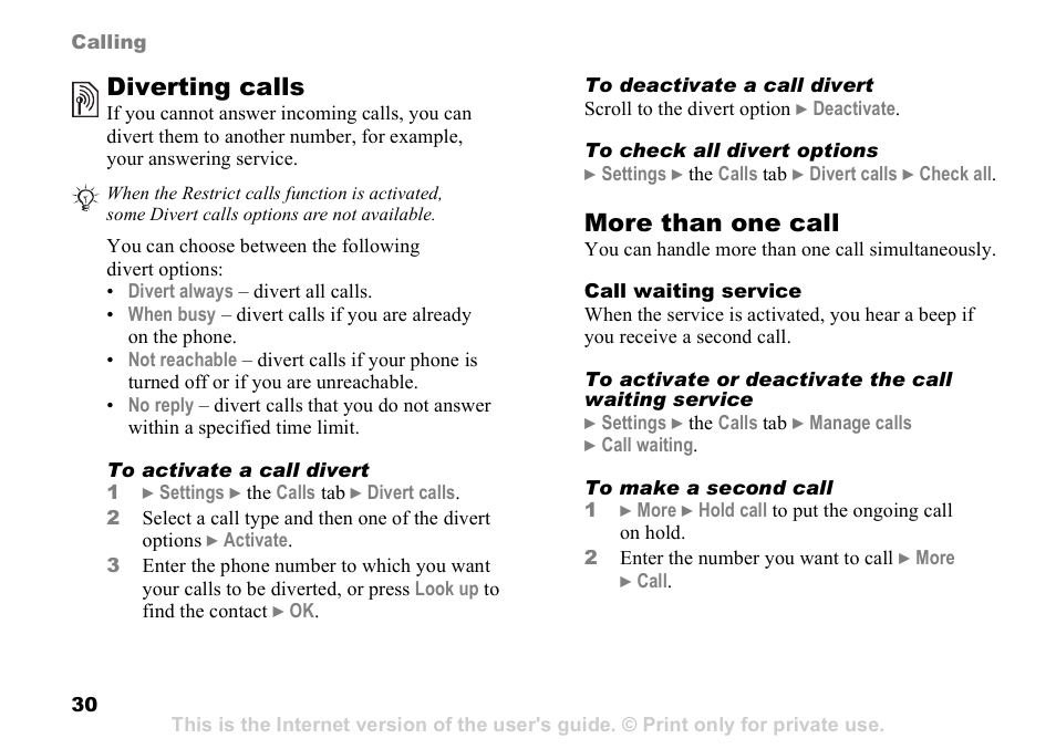 Diverting calls, More than one call | Sony Ericsson D750i User Manual | Page 30 / 101