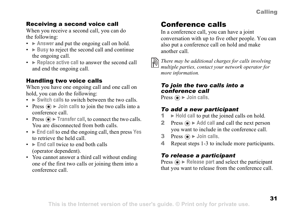 Conference calls | Sony Ericsson D750i User Manual | Page 31 / 101