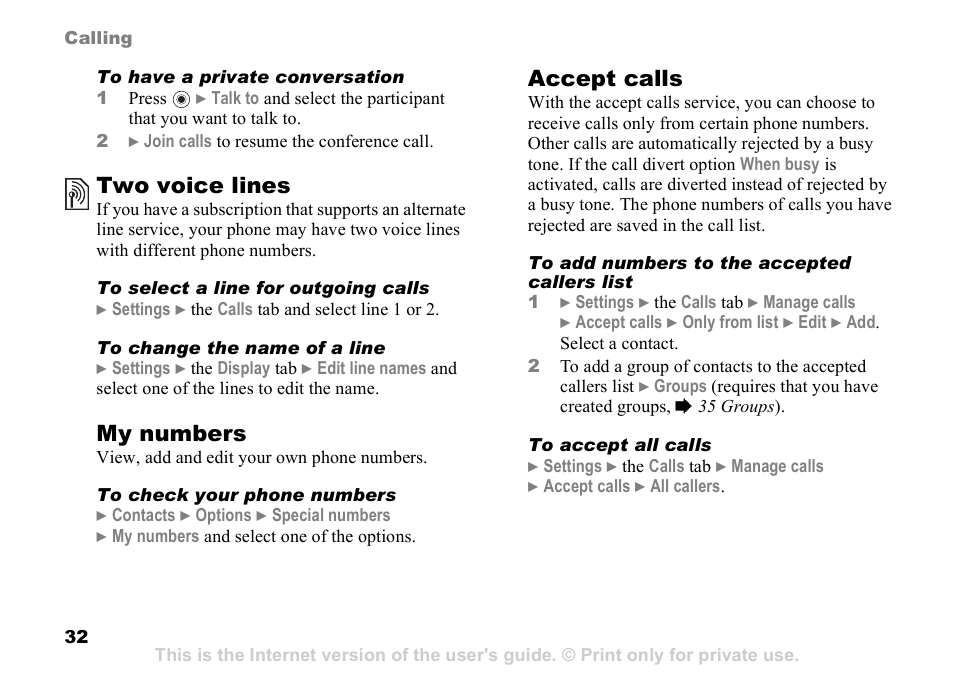 Two voice lines, My numbers, Accept calls | Sony Ericsson D750i User Manual | Page 32 / 101