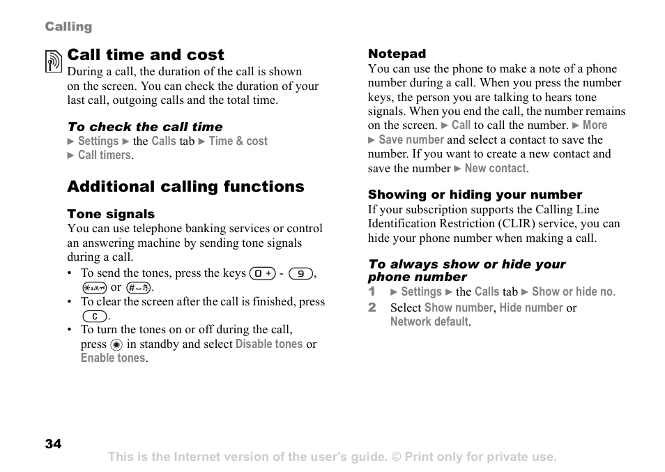 Call time and cost, Additional calling functions | Sony Ericsson D750i User Manual | Page 34 / 101