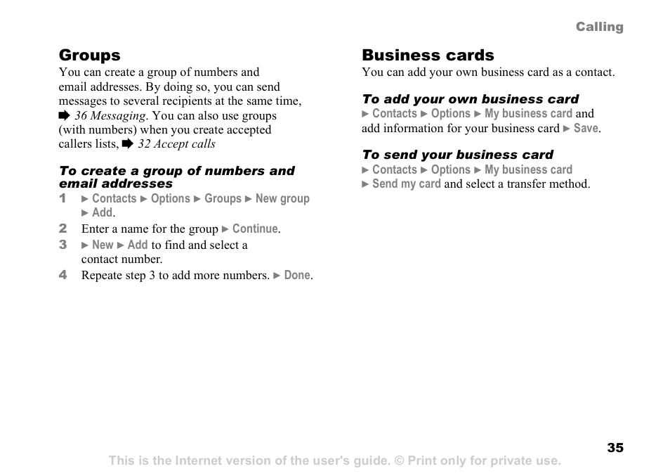 Groups, Business cards | Sony Ericsson D750i User Manual | Page 35 / 101