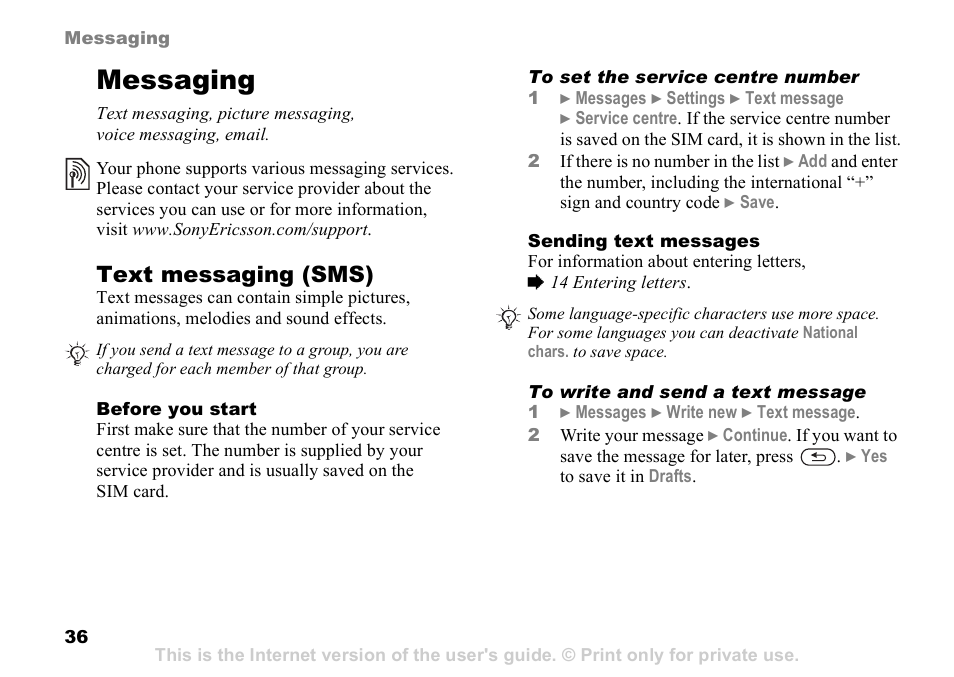 Messaging, 36 messaging, Text messaging (sms) | Sony Ericsson D750i User Manual | Page 36 / 101