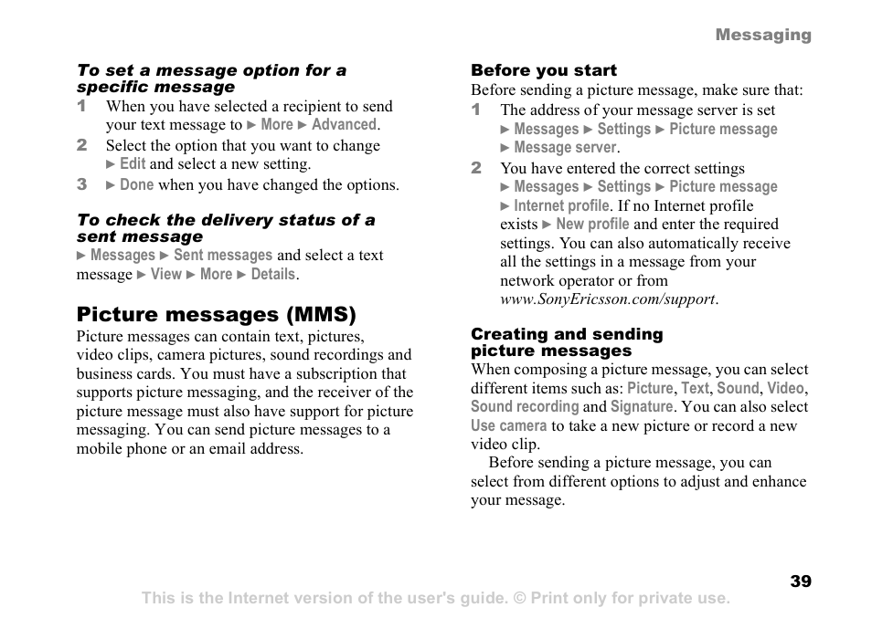 Picture messages (mms) | Sony Ericsson D750i User Manual | Page 39 / 101