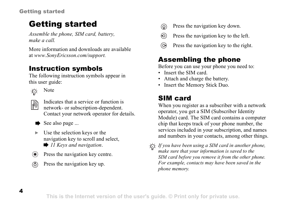 Getting started, Instruction symbols, Assembling the phone | Sim card | Sony Ericsson D750i User Manual | Page 4 / 101