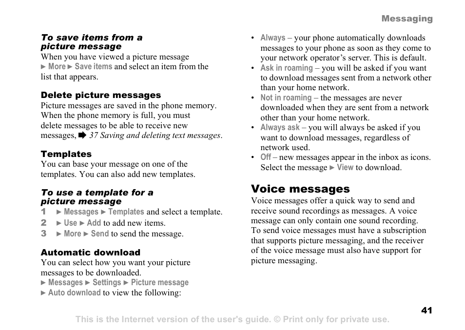 Voice messages | Sony Ericsson D750i User Manual | Page 41 / 101