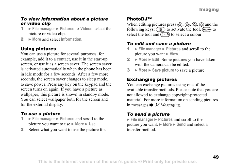 49 exchanging pictures | Sony Ericsson D750i User Manual | Page 49 / 101