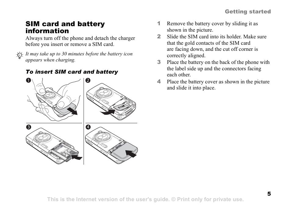 Sim card and battery information | Sony Ericsson D750i User Manual | Page 5 / 101