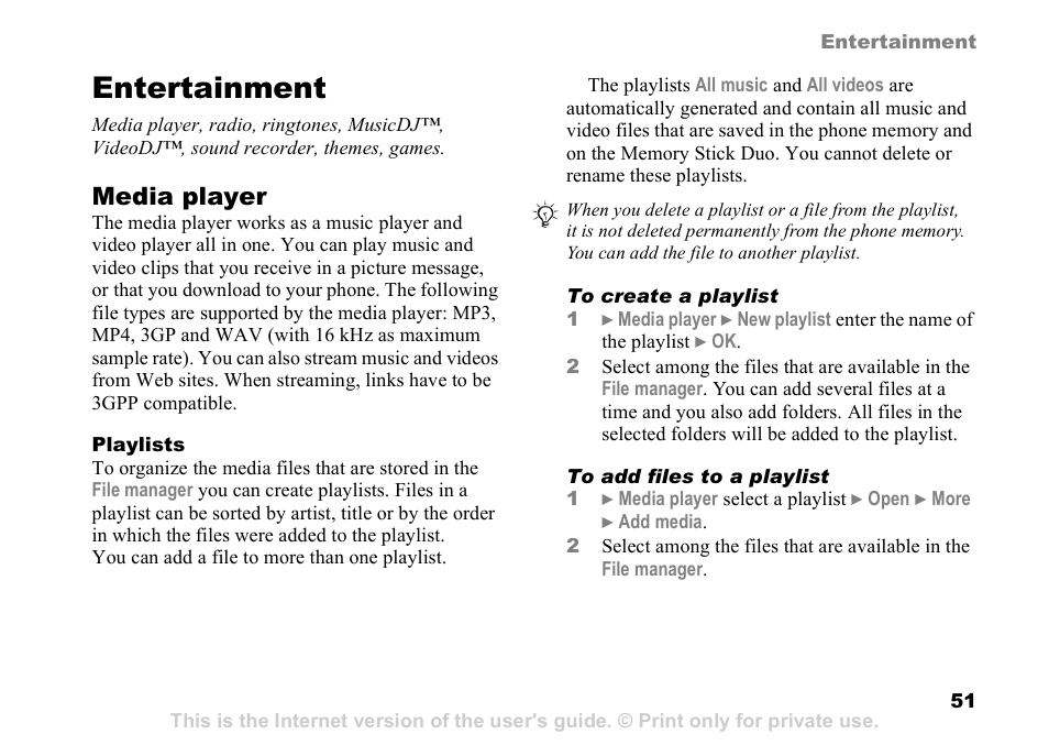 Entertainment, Media player | Sony Ericsson D750i User Manual | Page 51 / 101