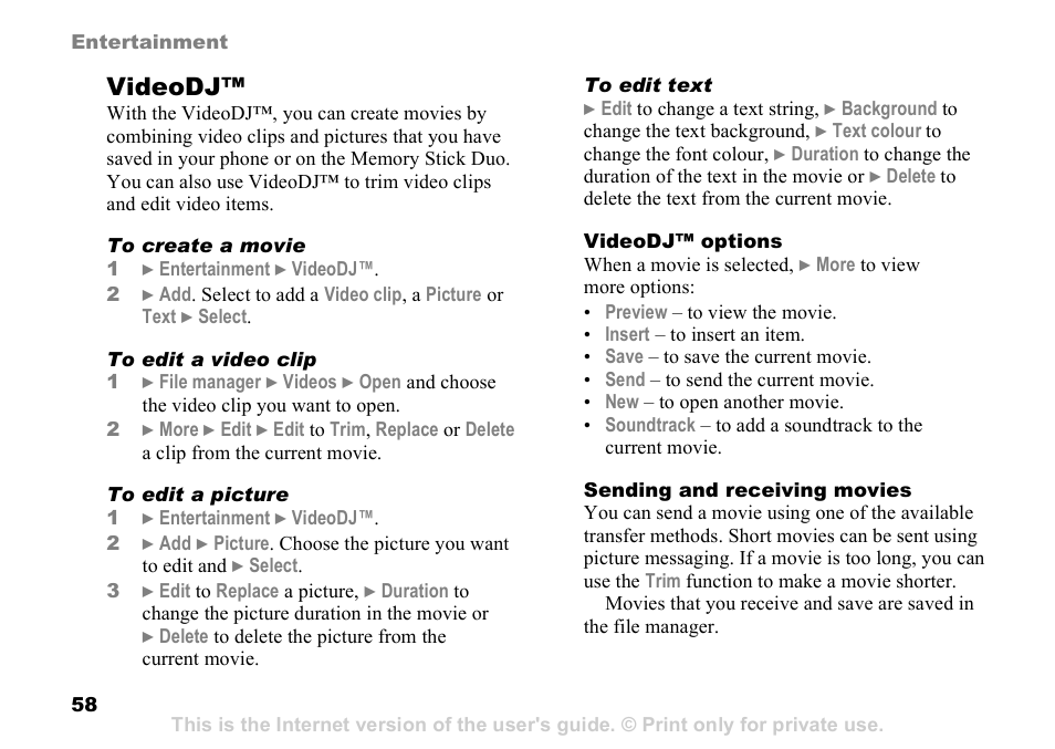 Videodj | Sony Ericsson D750i User Manual | Page 58 / 101