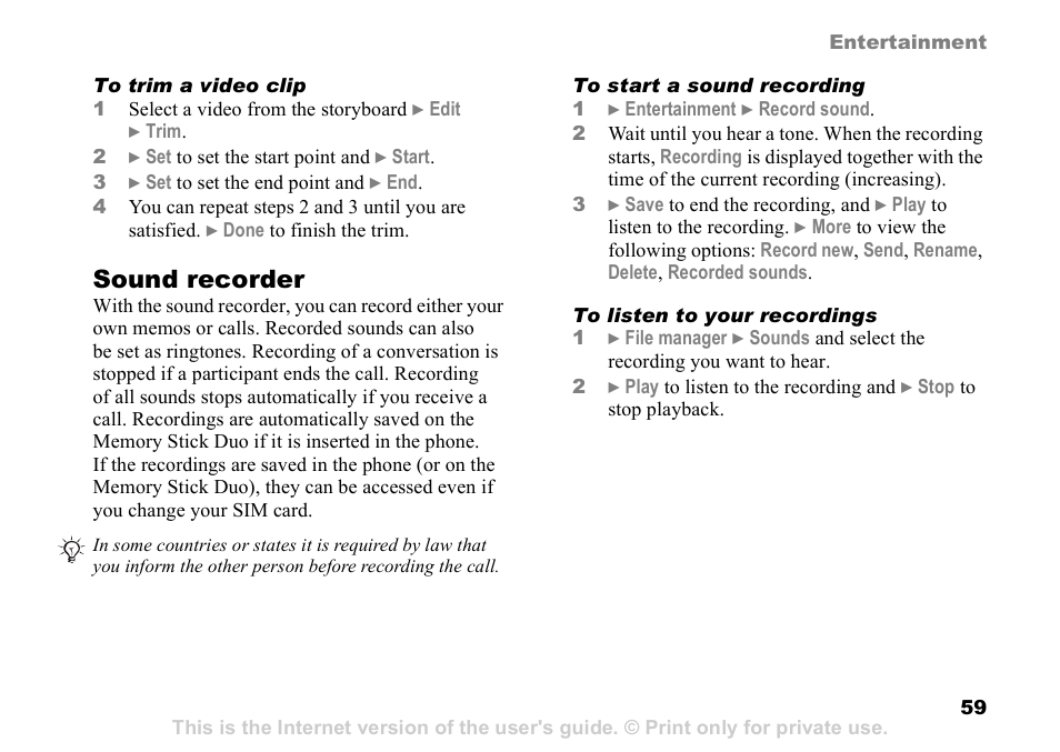 Sound recorder | Sony Ericsson D750i User Manual | Page 59 / 101