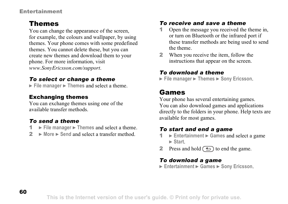 Themes, Games | Sony Ericsson D750i User Manual | Page 60 / 101