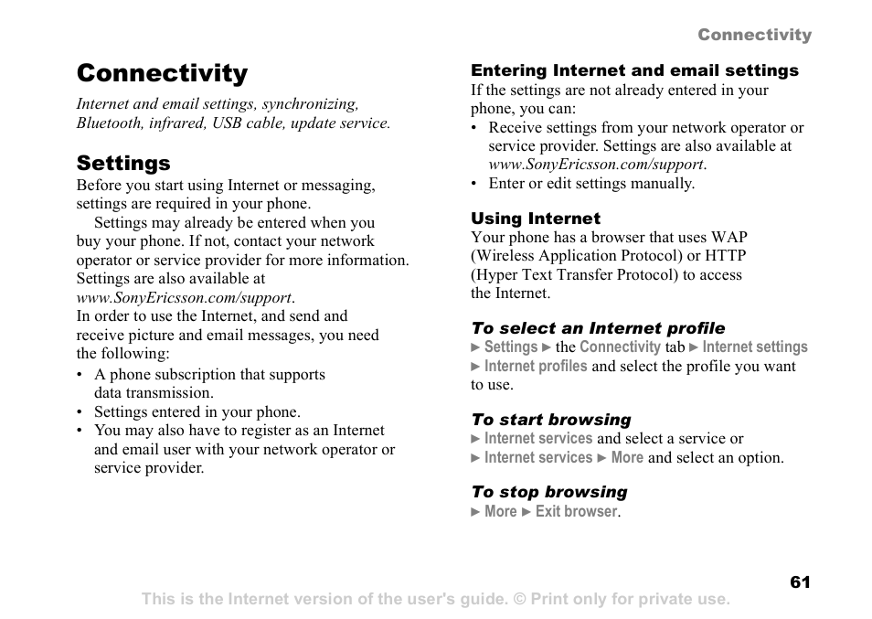 Connectivity, 61 settings, Settings | Sony Ericsson D750i User Manual | Page 61 / 101