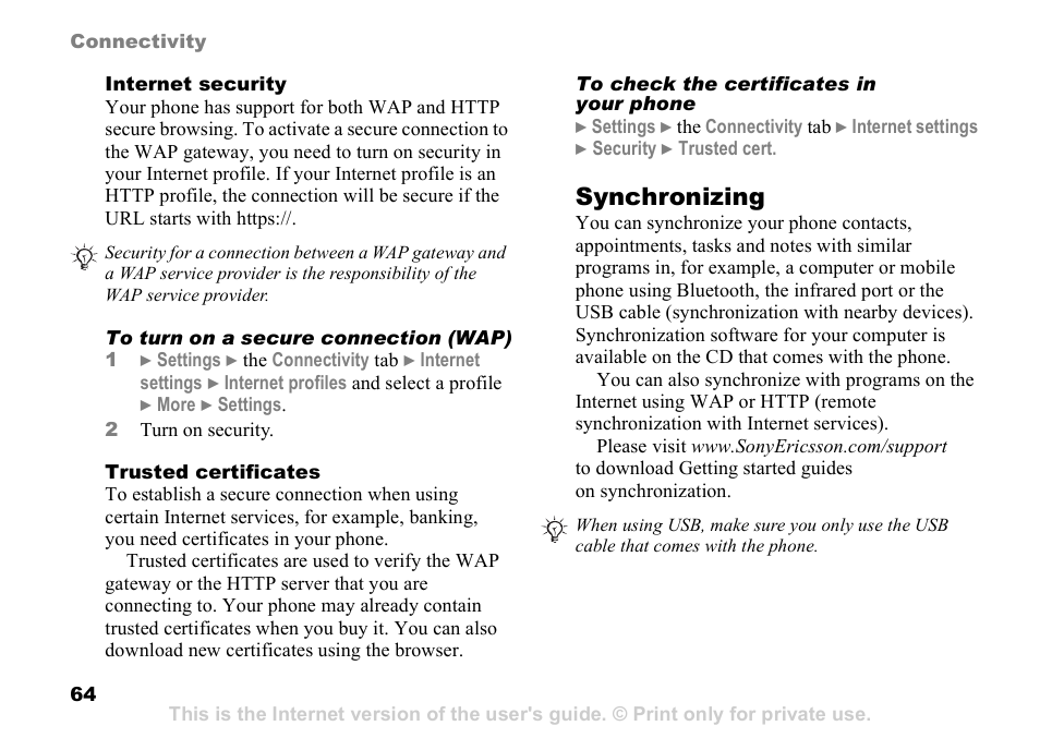 64 synchronizing, Synchronizing | Sony Ericsson D750i User Manual | Page 64 / 101