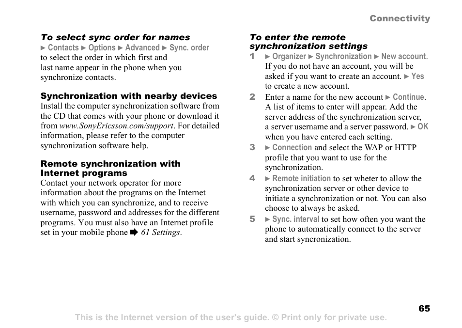 65 to enter, The remote synchronization settings | Sony Ericsson D750i User Manual | Page 65 / 101