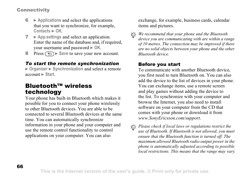 Bluetooth™ wireless technology | Sony Ericsson D750i User Manual | Page 66 / 101