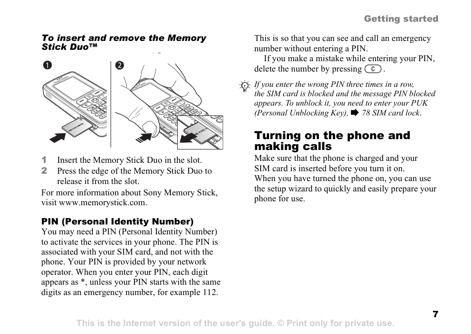 Turning on the phone and making calls | Sony Ericsson D750i User Manual | Page 7 / 101