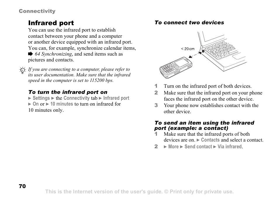 Infrared port | Sony Ericsson D750i User Manual | Page 70 / 101