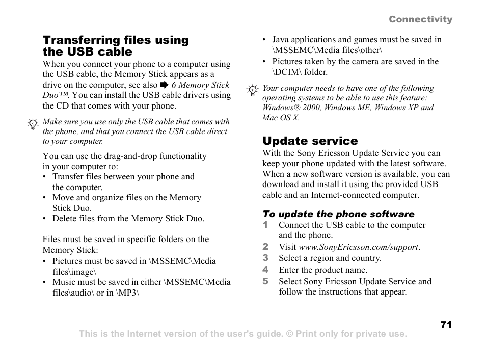 71 transferring files, Using the usb cable, 71 transferring files using the usb cable | 71 transferring, Files using the usb cable, Transferring files using the usb cable, Update service | Sony Ericsson D750i User Manual | Page 71 / 101