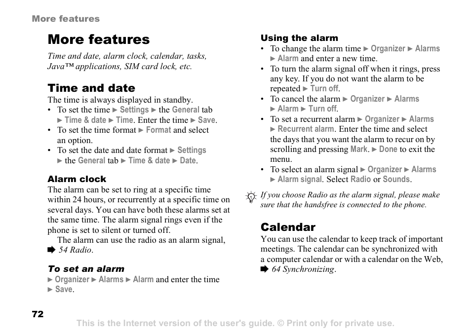 More features, 72 alarm clock, Time and date | Calendar | Sony Ericsson D750i User Manual | Page 72 / 101