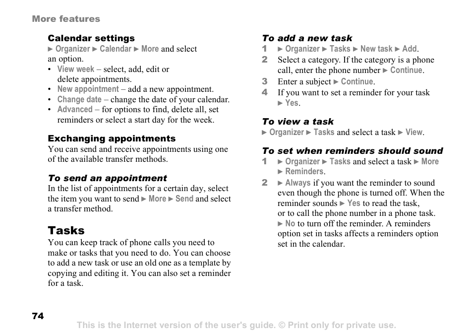 Tasks | Sony Ericsson D750i User Manual | Page 74 / 101