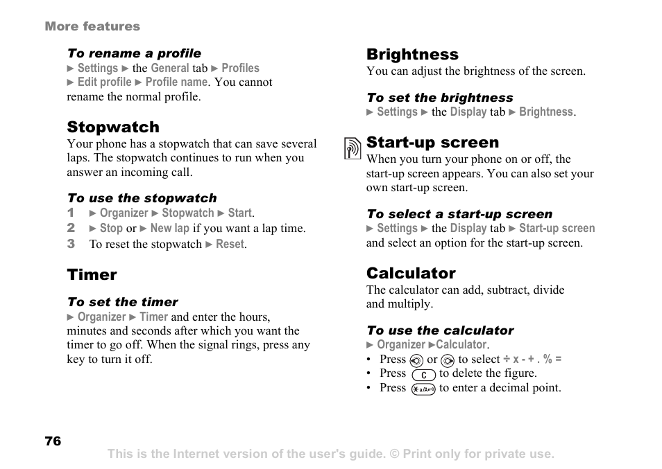 Stopwatch, Timer, Brightness | Start-up screen, Calculator | Sony Ericsson D750i User Manual | Page 76 / 101