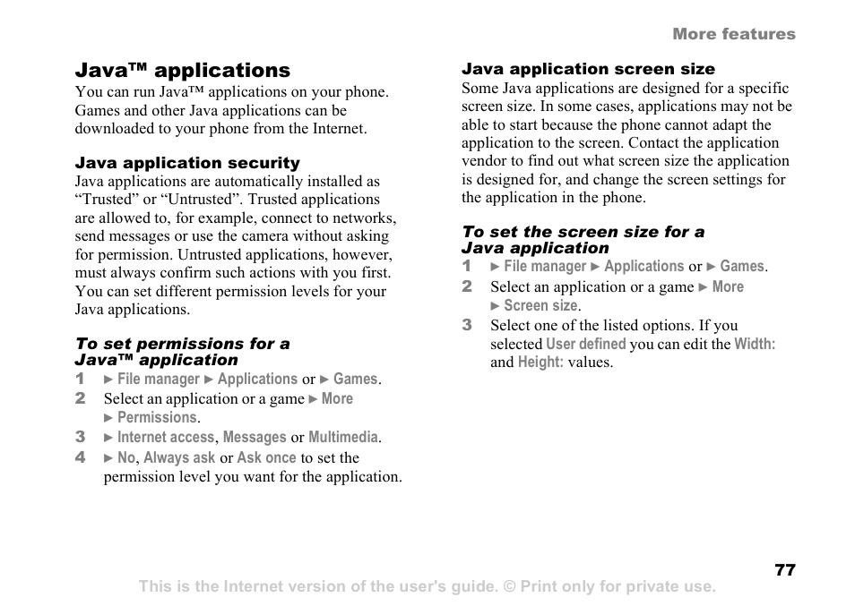 Java™ applications | Sony Ericsson D750i User Manual | Page 77 / 101