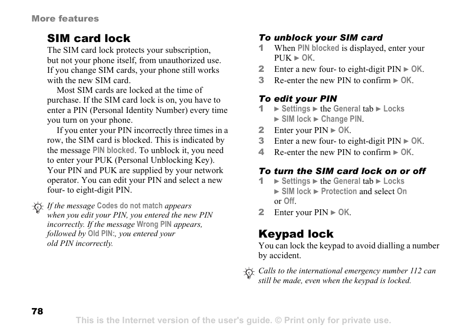 Sim card lock, Keypad lock | Sony Ericsson D750i User Manual | Page 78 / 101