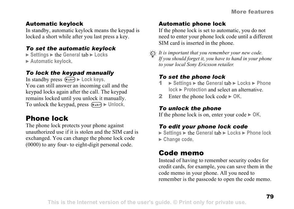 Phone lock | Sony Ericsson D750i User Manual | Page 79 / 101