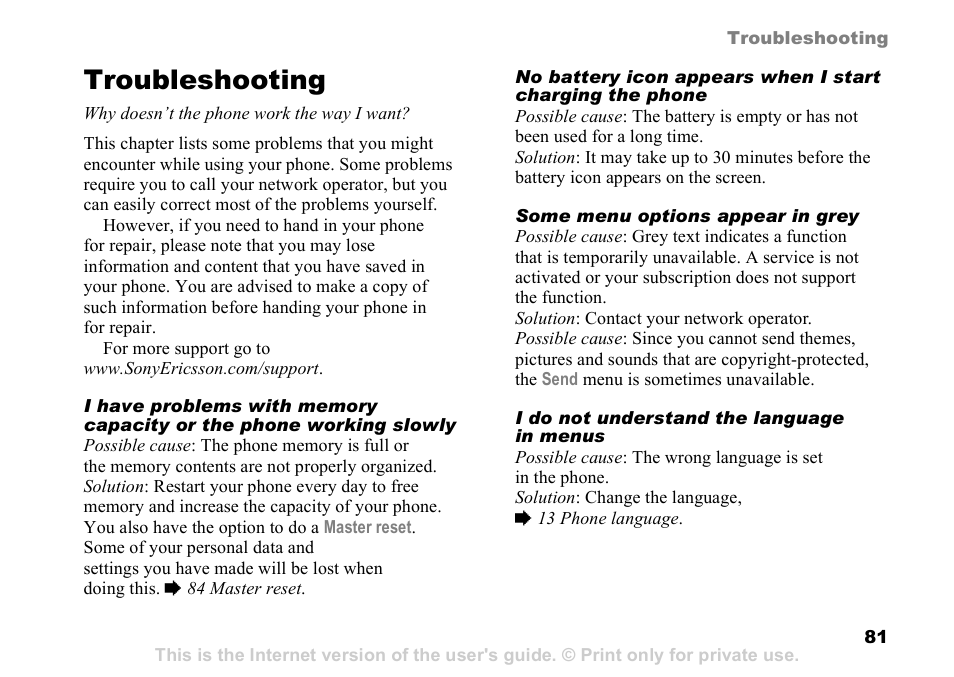 Troubleshooting | Sony Ericsson D750i User Manual | Page 81 / 101