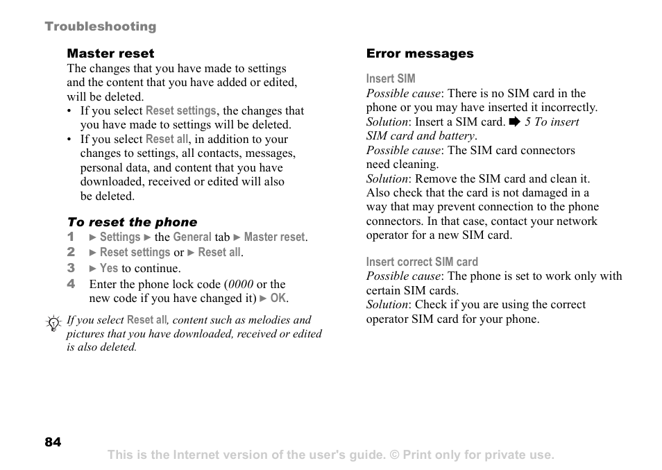 84 master reset | Sony Ericsson D750i User Manual | Page 84 / 101