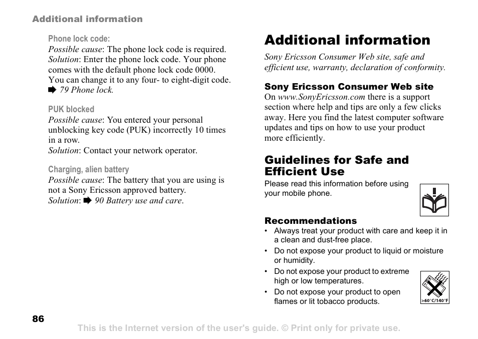 Additional information, 86 guidelines, For safe and efficient use | Guidelines for safe and efficient use | Sony Ericsson D750i User Manual | Page 86 / 101