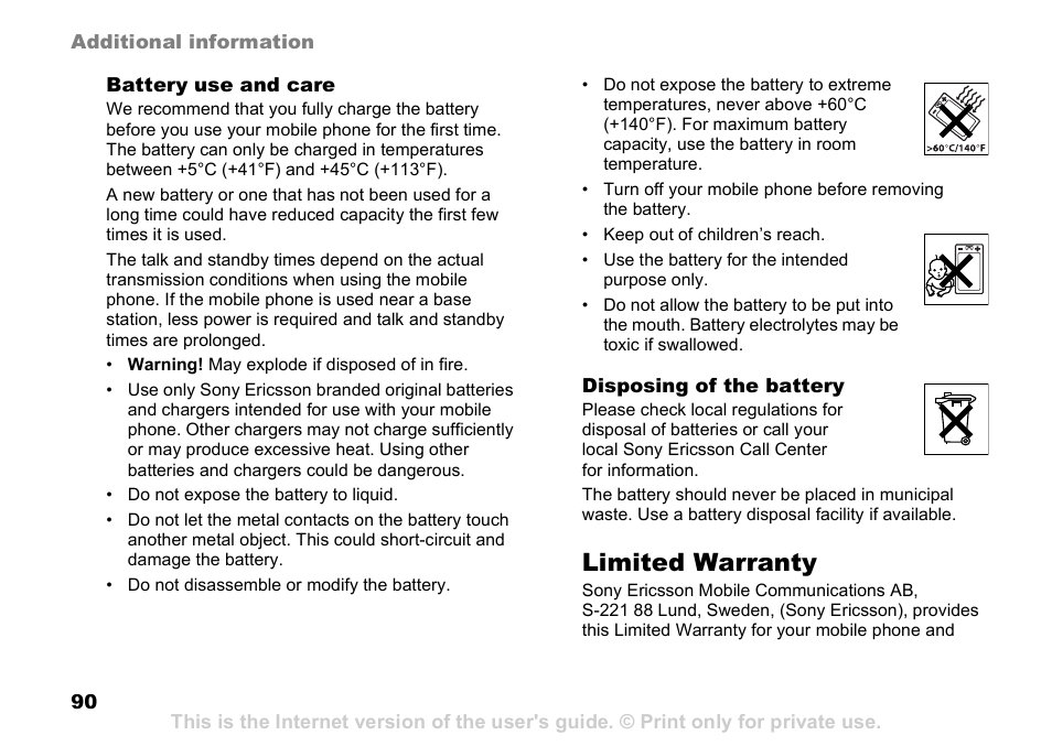 90 battery use and care, Limited warranty | Sony Ericsson D750i User Manual | Page 90 / 101