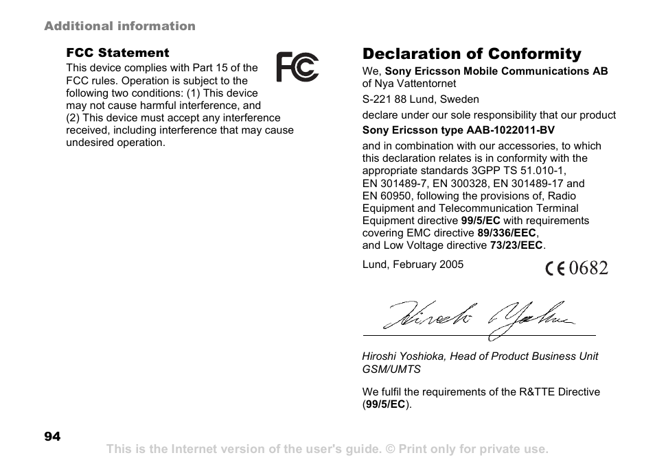 Declaration of conformity | Sony Ericsson D750i User Manual | Page 94 / 101