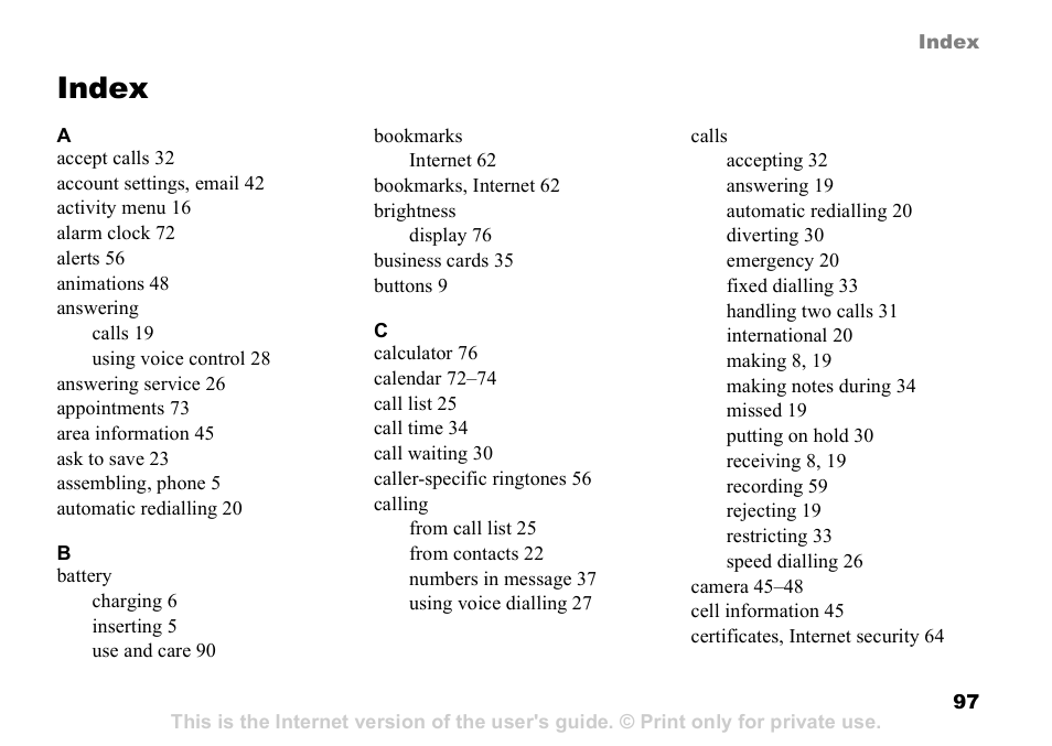 Index | Sony Ericsson D750i User Manual | Page 97 / 101