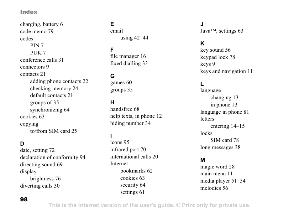 Sony Ericsson D750i User Manual | Page 98 / 101