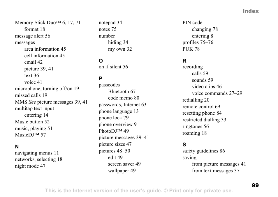 Sony Ericsson D750i User Manual | Page 99 / 101