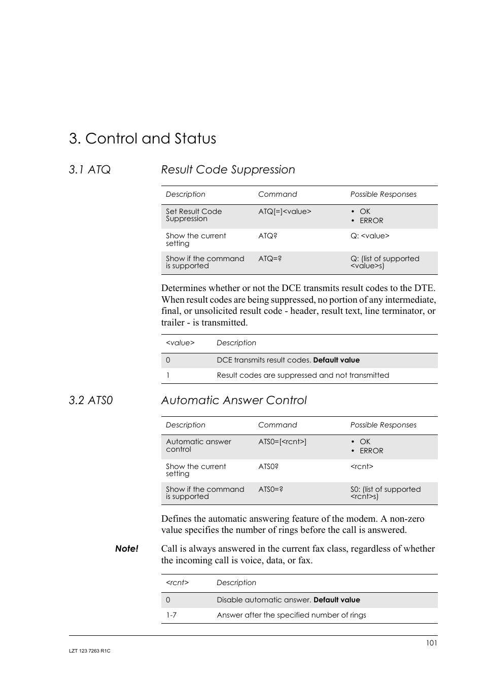 Control and status, 1 atq result code suppression, 2 ats0 automatic answer control | Result code suppression, Ats0, Automatic answer control | Sony Ericsson GM47 User Manual | Page 101 / 338