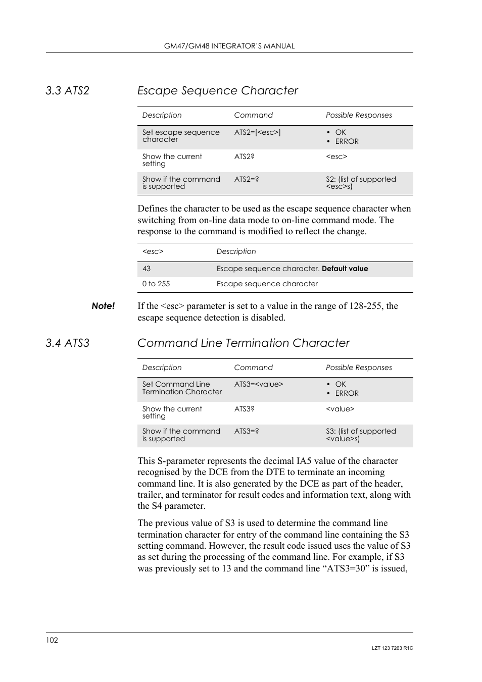 3 ats2 escape sequence character, 4 ats3 command line termination character, Ats2 | Escape sequence character, Ats3, Command line termination character | Sony Ericsson GM47 User Manual | Page 102 / 338