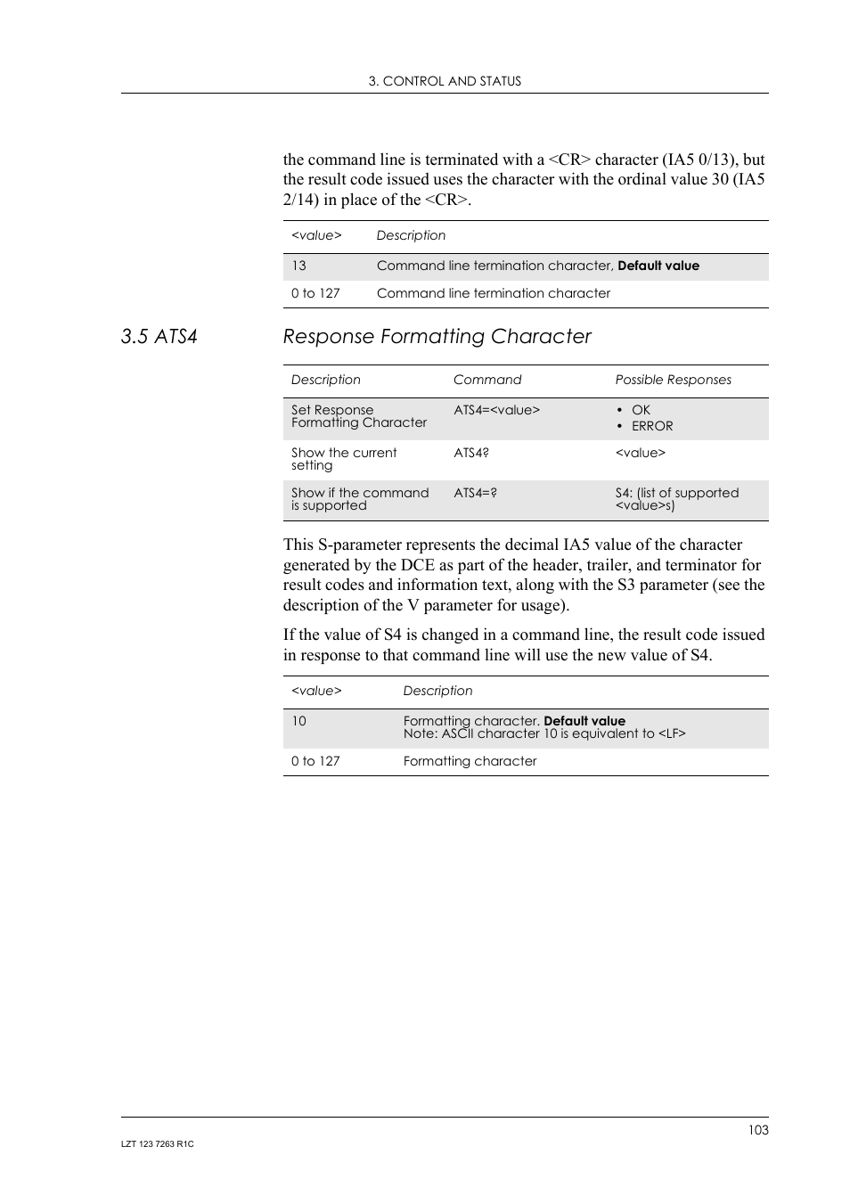5 ats4 response formatting character, Ats4, Response formatting character | Sony Ericsson GM47 User Manual | Page 103 / 338