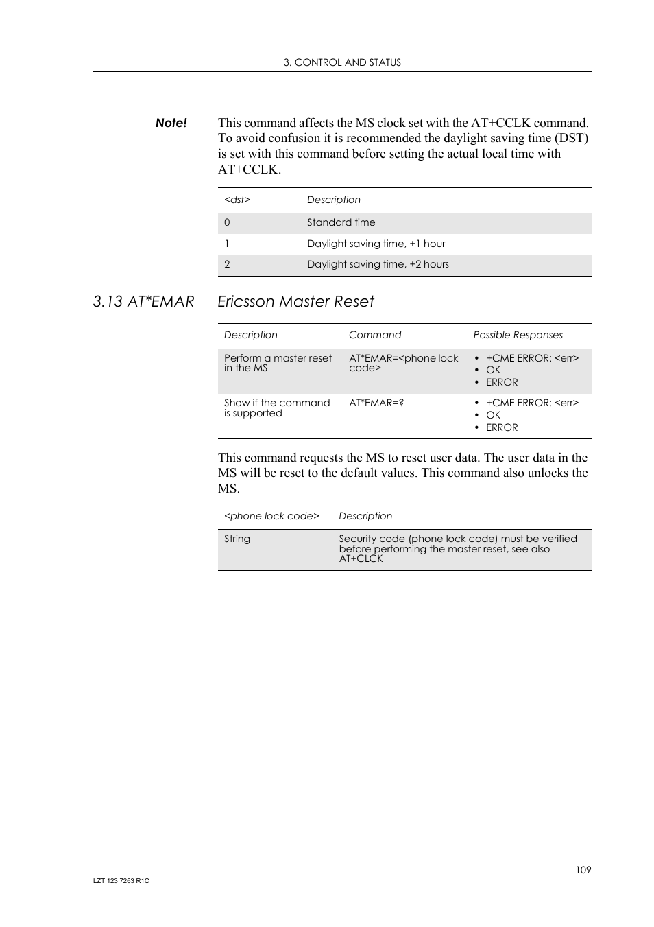 13 at*emar ericsson master reset, 13 at*emar, Ericsson master reset | Sony Ericsson GM47 User Manual | Page 109 / 338