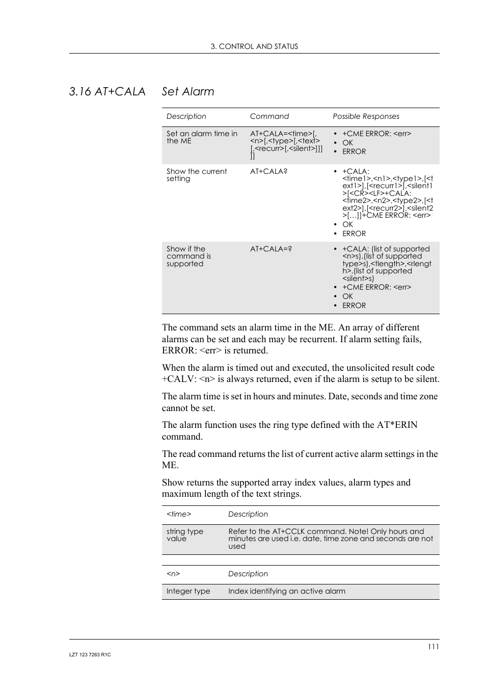 16 at+cala set alarm, 16 at+cala, Set alarm | Sony Ericsson GM47 User Manual | Page 111 / 338