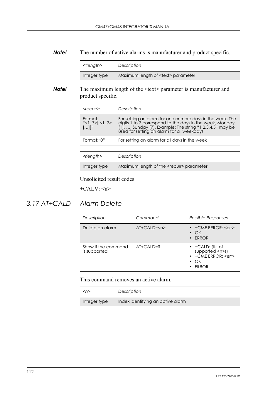 17 at+cald alarm delete, 17 at+cald, Alarm delete | This command removes an active alarm | Sony Ericsson GM47 User Manual | Page 112 / 338