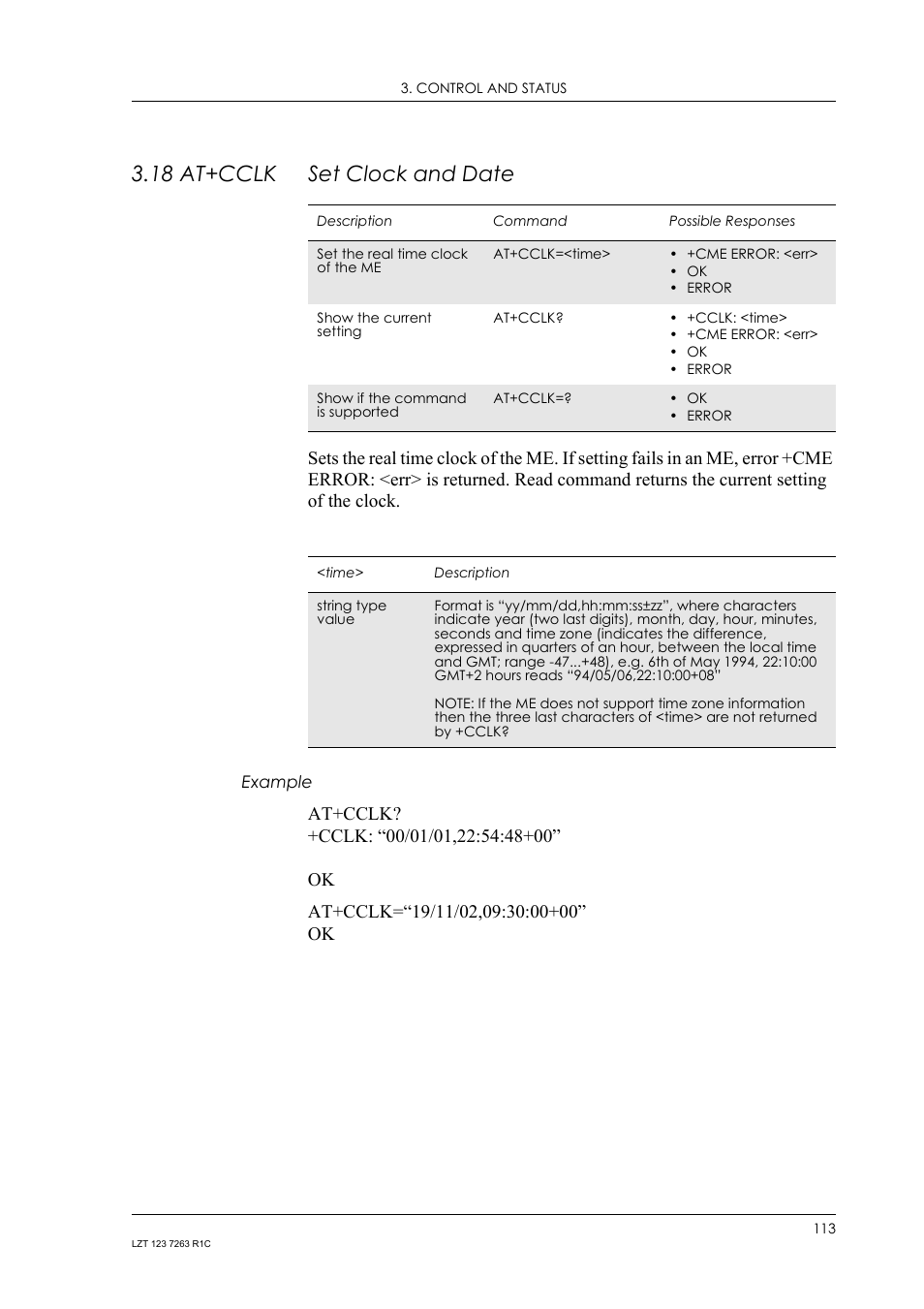 18 at+cclk set clock and date, Example, 18 at+cclk | Set clock and date | Sony Ericsson GM47 User Manual | Page 113 / 338
